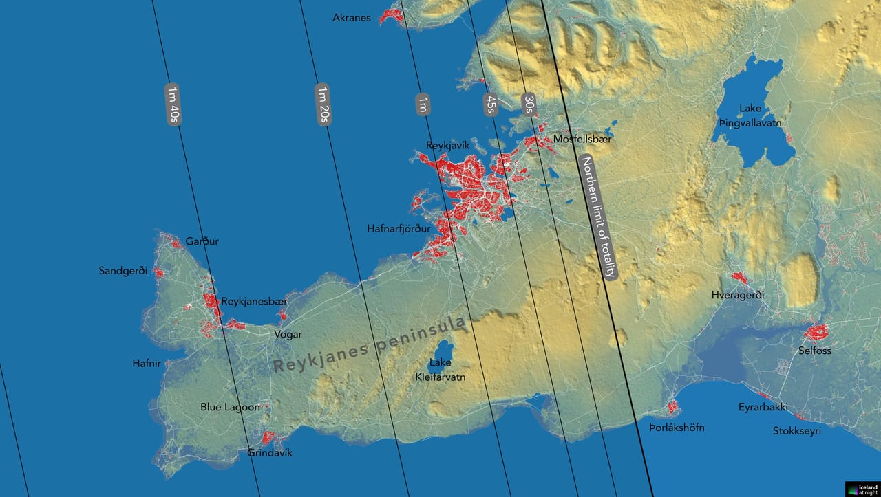 Duration of totality in Reykjavík and the Reykjanes peninsula of Iceland during the August 12, 2026 total solar eclipse. Credit: Andreas Dill & Sævar Helgi Bragason / eclipse2026.is